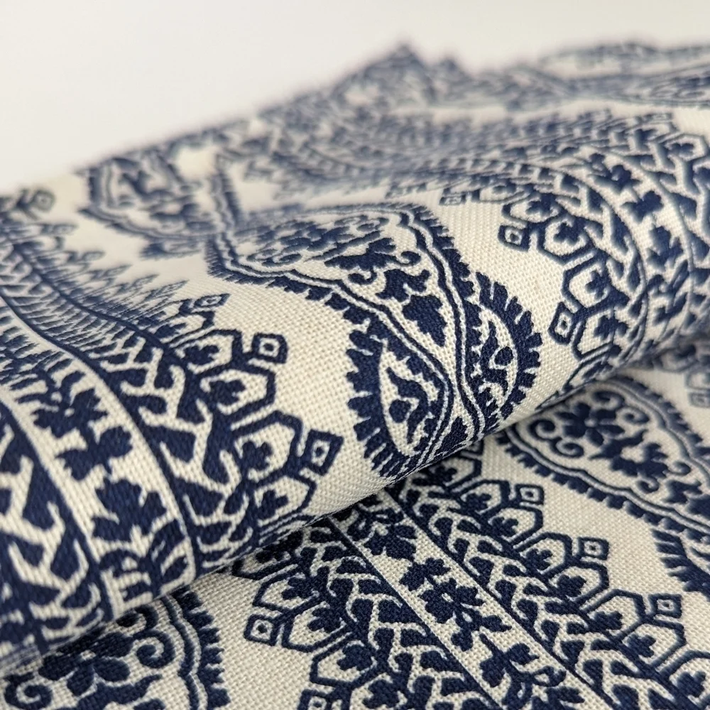NWOT Set/ 6 Elrene Home Stripe Block Print Cotton Fabric Napkins Indigo, Natural